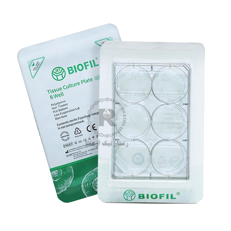 پلیت کشت سلولی 6 خانه با درب، تک استریل ته صاف چسبنده (ST) برند JETBIOFIL